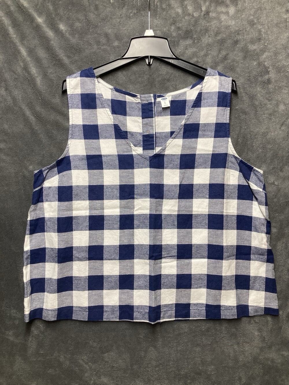 Old Navy Linen Gingham Checked Blue White Button Back Tank XL Boxy Cottagecore